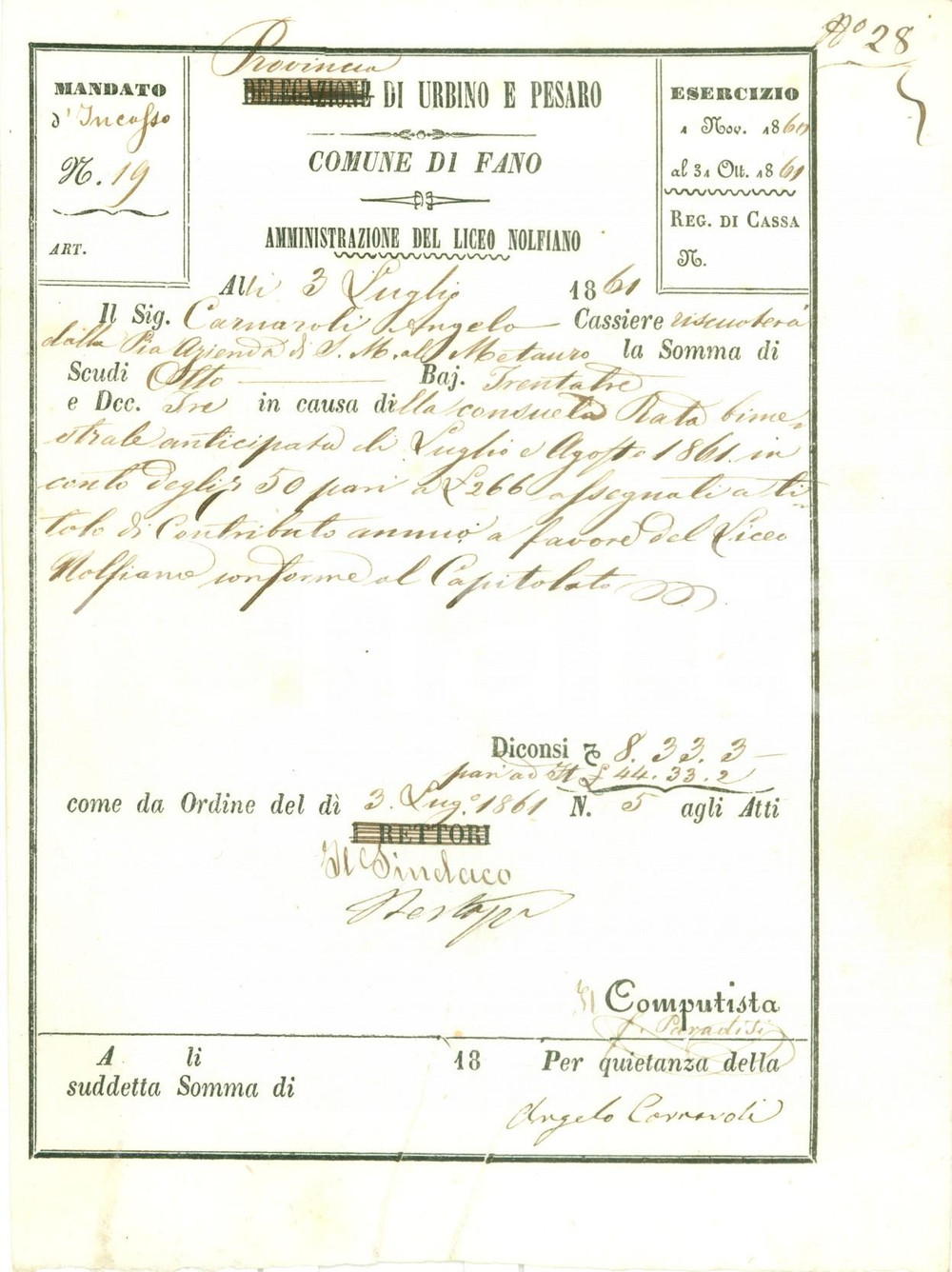 Documento originale, autentico 1861 FANO PU Azienda PONTE METAURO versa contributo a LICEO NOLFI Documento 1