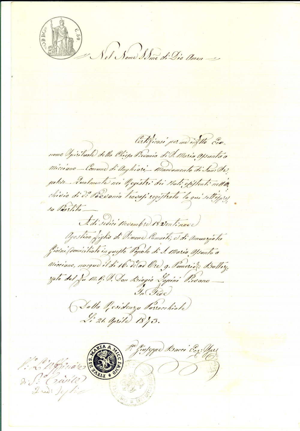 Documento originale, autentico 1873 SANTA MARIA a MICCIANO AR Nascita Agostino CAMAITI Certificato 1