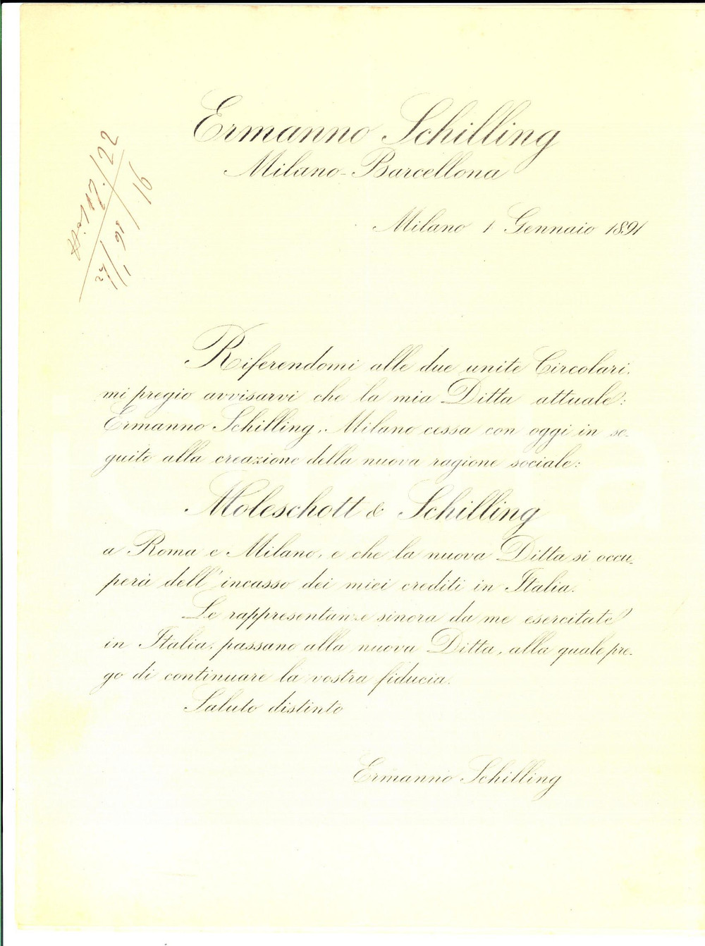 Documento originale, autentico 1891 MILANO Nuova societÃ  MOLESCHOTT & SCHILLING riscossione crediti in Italia 1