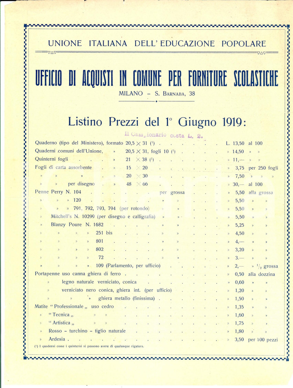 Materiale pubblicitario d’epoca 1919 MILANO SAN BARNABA Unione Italiana Educazione Popolare Listino prezzi 1