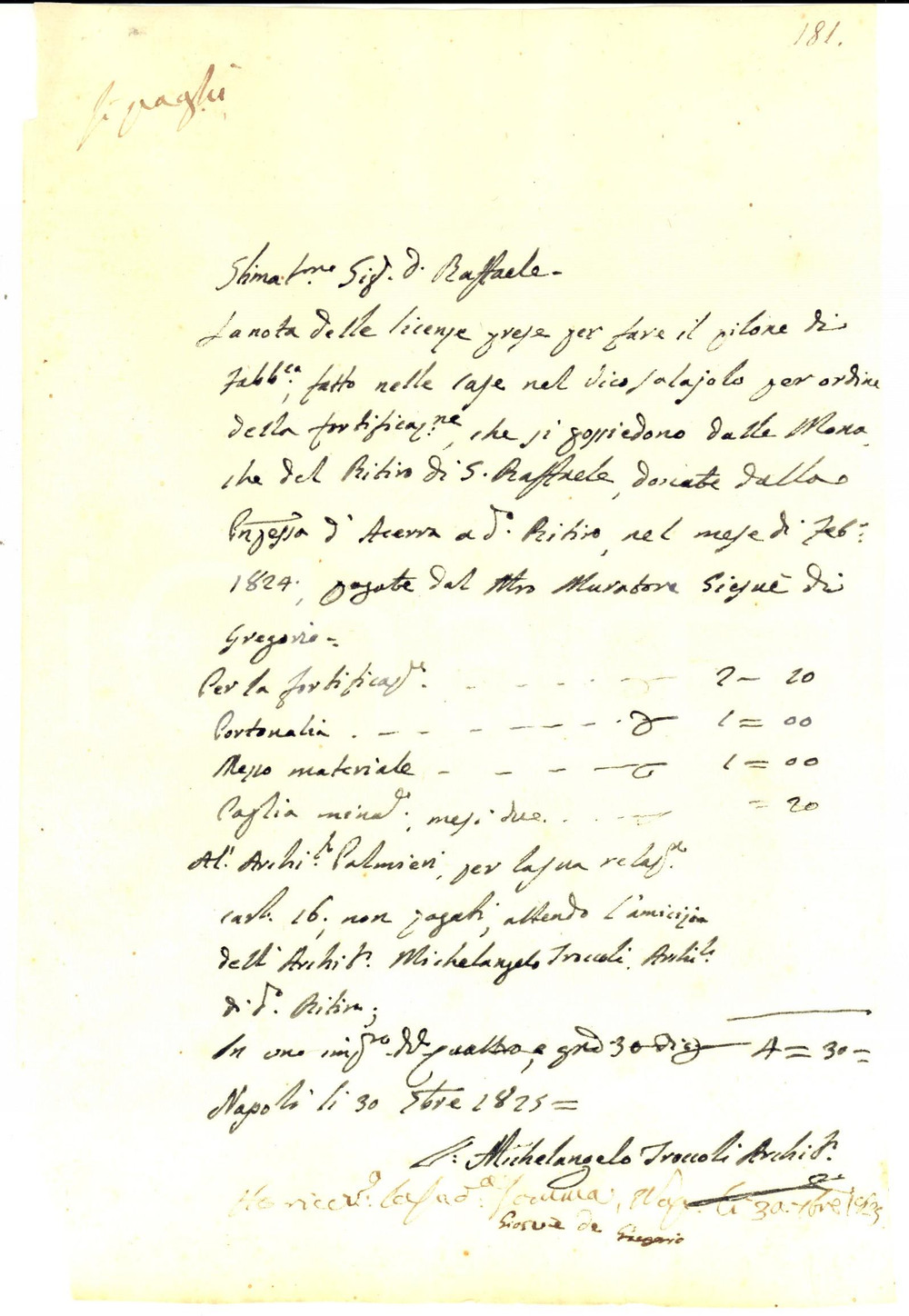 Documento originale, autentico 1825 NAPOLI Architetto Michelangelo TROCCOLI su lavori GiosuÃ¨ DI GREGORIO 1