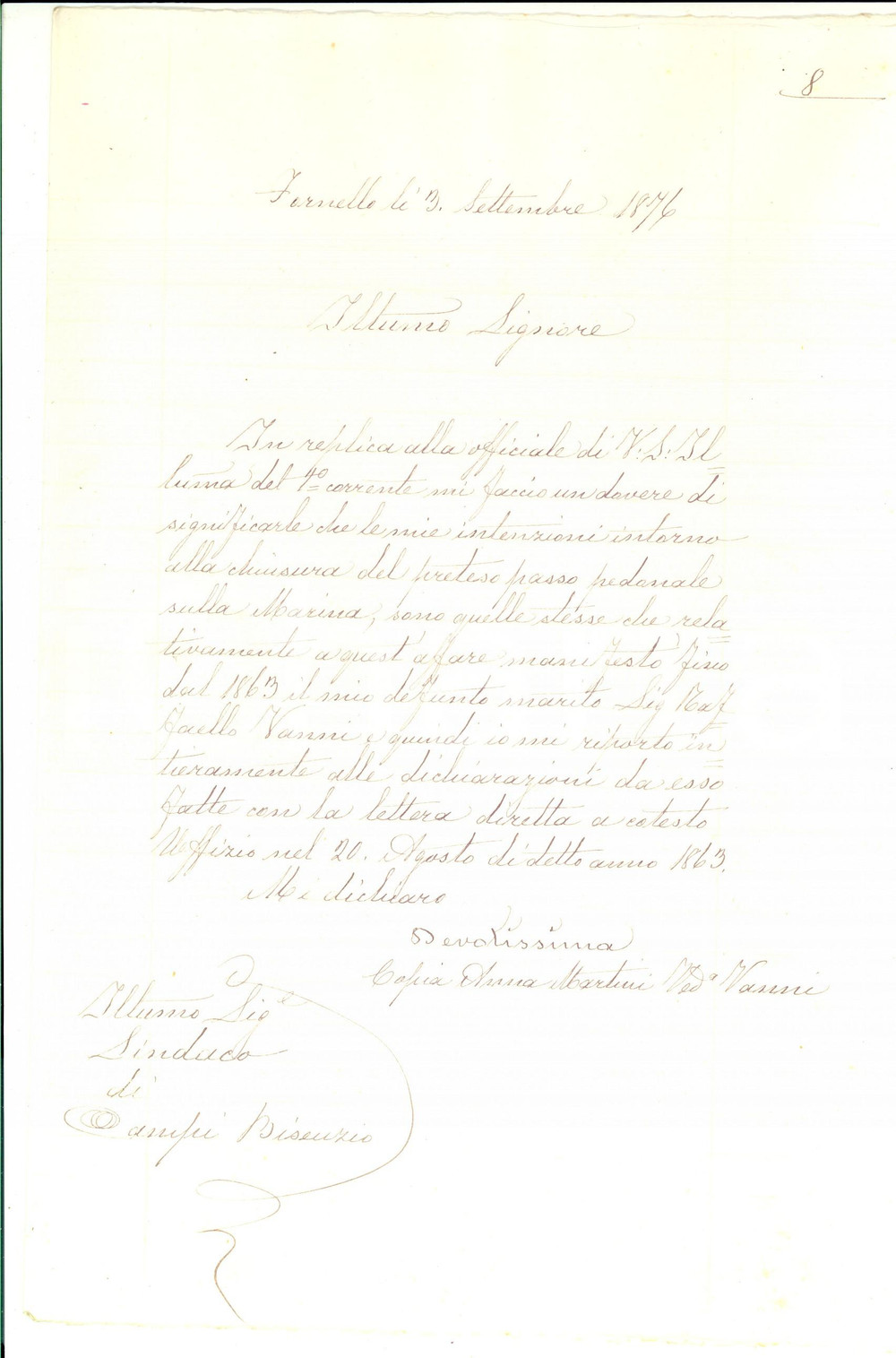 Documento originale, autentico 1876 CAMPI BISENZIO Anna MARTINI VANNI vanta diritto di chiusura TORRENTE MARINA 1