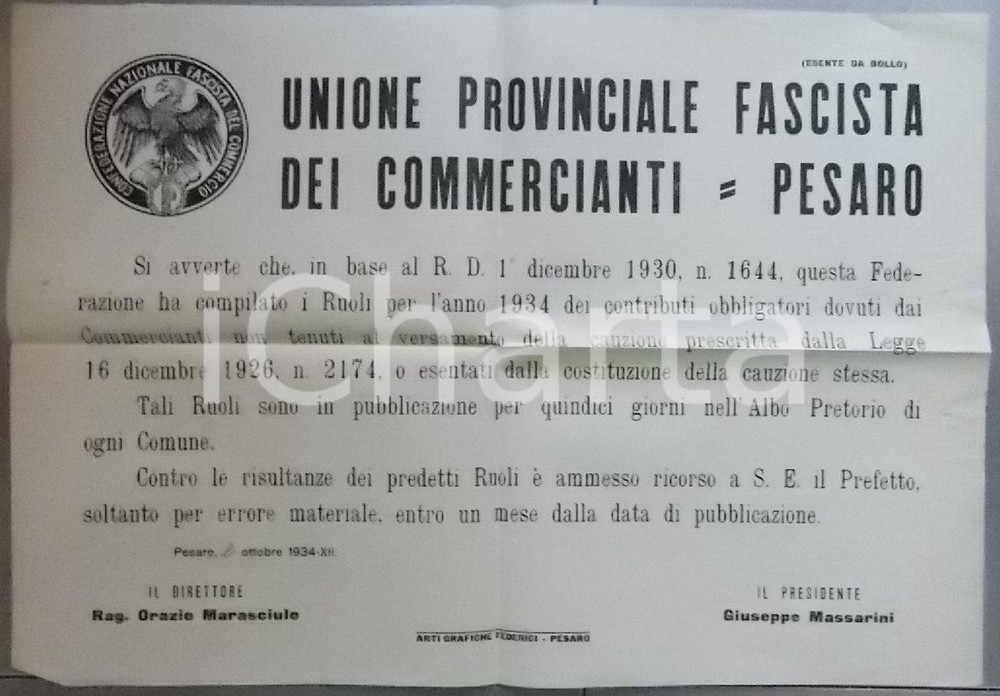 Documento originale, autentico 1935 PESARO Unione Fascista dei Commercianti  Ruoli riscossione coefficiente 1