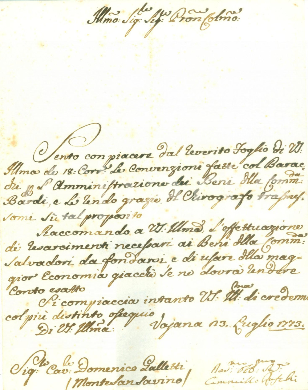 Documento originale, autentico 1773 MONTE SAN SAVINO AR Camillo RUSCHI su risarcimenti a Commenda SALVADORI 1