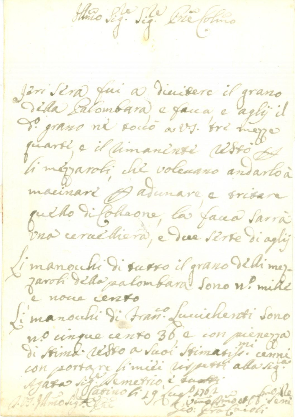 Documento originale, autentico 1762 POGGIO CATINO RI Giovanni Pietro CAIOLI divide grano tenuta PALOMBARA 1