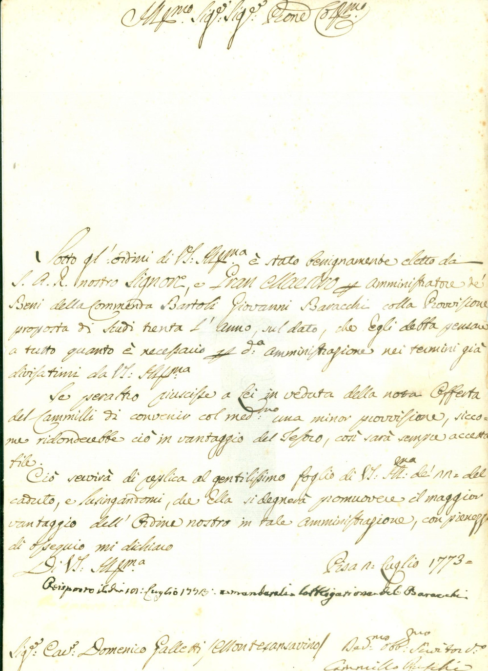 Documento originale, autentico 1773 MONTE SAN SAVINO AR Giovanni BARACCHI amministratore Commenda BARTOLI 1