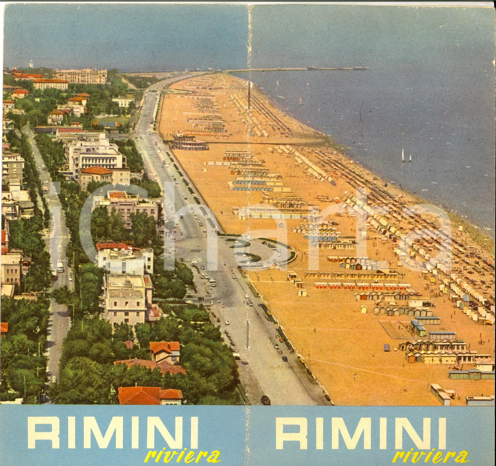 Materiale pubblicitario d’epoca 1959 TURISMO RIMINI e la Riviera Pieghevole ILLUSTRATO 11x23 cm 1