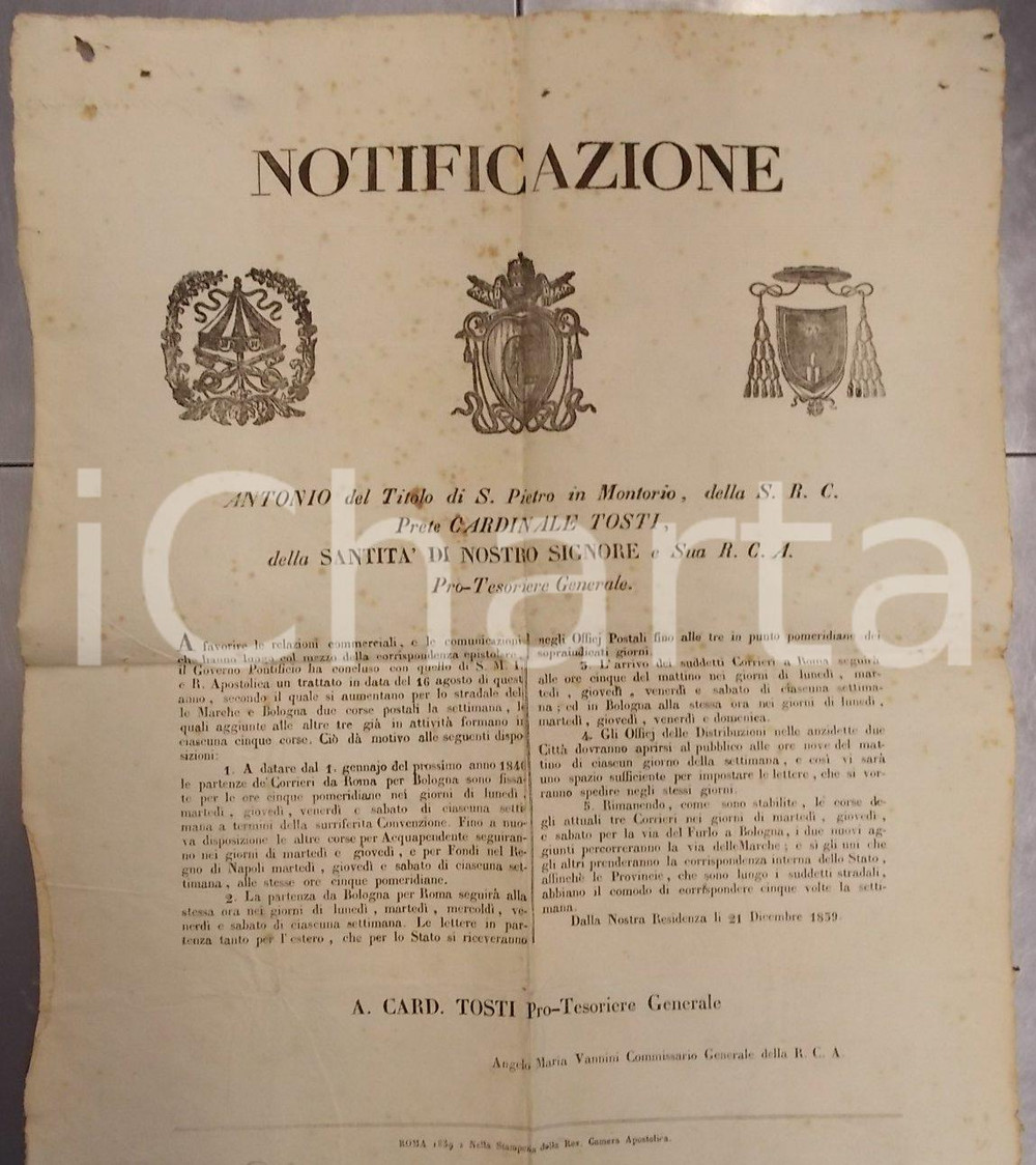 Documento originale, autentico 1839 STATO PONTIFICIO Aumentano le corse postali per le MARCHE e BOLOGNA 1