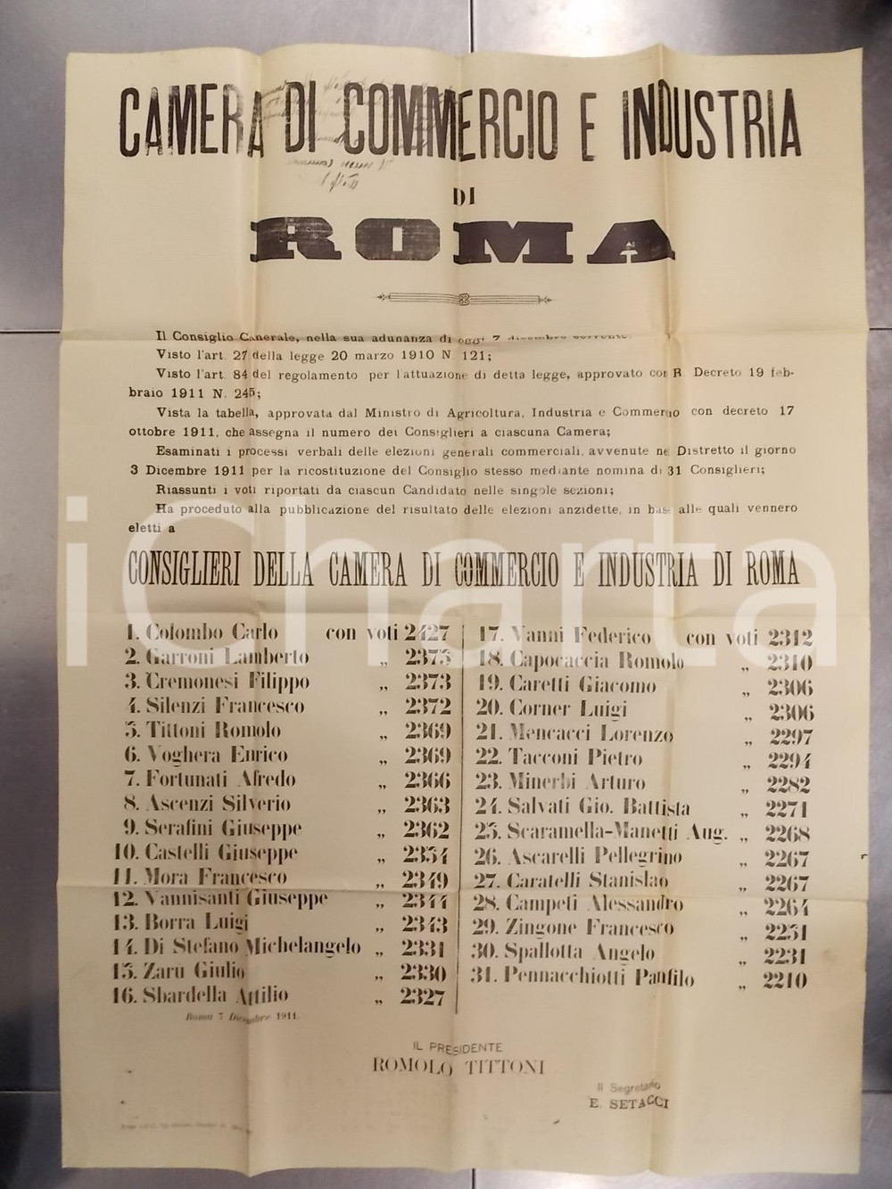 Documento originale, autentico 1911 ROMA Nuovi consiglieri eletti alla CAMERA DI COMMERCIO Manifesto 70x90 1