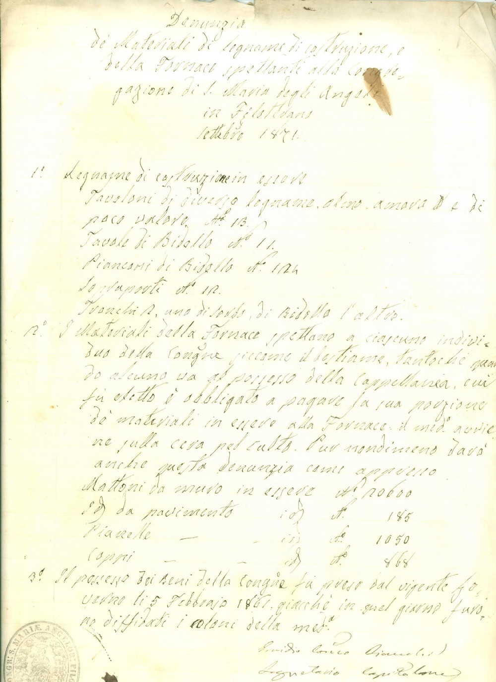 Documento originale, autentico 1871 FILOTTRANO AN Legnami e fornace per Congregazione SANTA MARIA DEGLI ANGELI 1