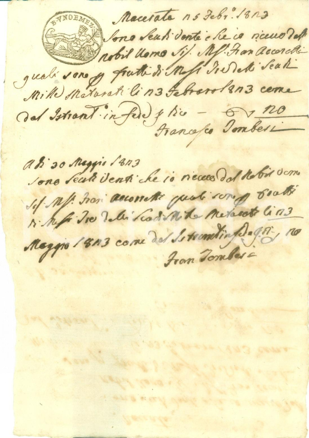 Documento originale, autentico 1823 MACERATA Francesco TOMBESI riceve denaro da Francesco ACCORRETTI Documento 1