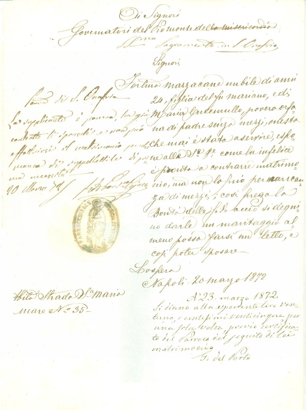 Documento originale, autentico 1872 NAPOLI Orfana Fortuna MAZZACANE chiede soldi per potersi sposare Documento 1