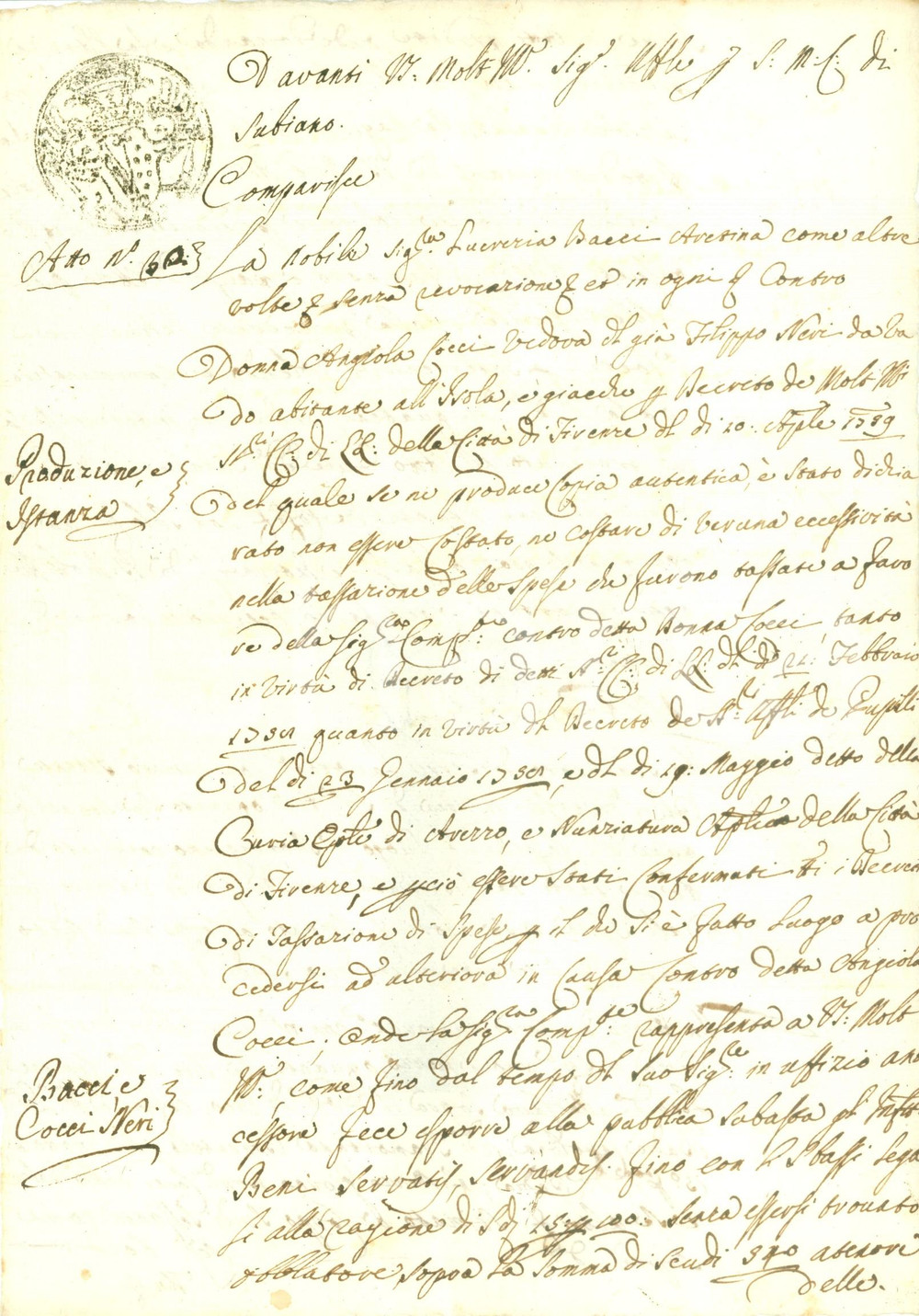 Documento originale, autentico 1759 AREZZO Lucrezia BACCI vs Angela COCCI NERI per subasta di terreni 1