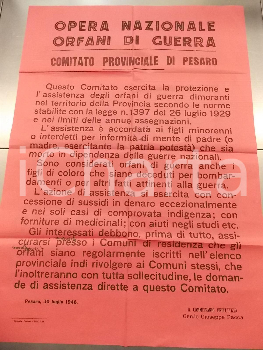 Documento originale, autentico 1946 PESARO Opera Nazionale Orfani di Guerra offre sussidi Manifesto 1