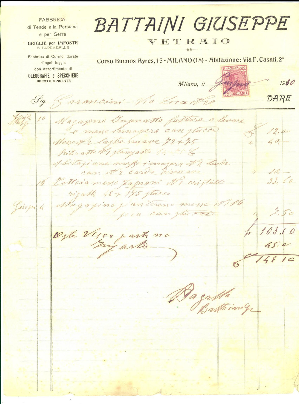 Documento originale, autentico 1930 MILANO Corso Buenos Aires  Giuseppe BATTAINI vetraio Fattura intestata 1