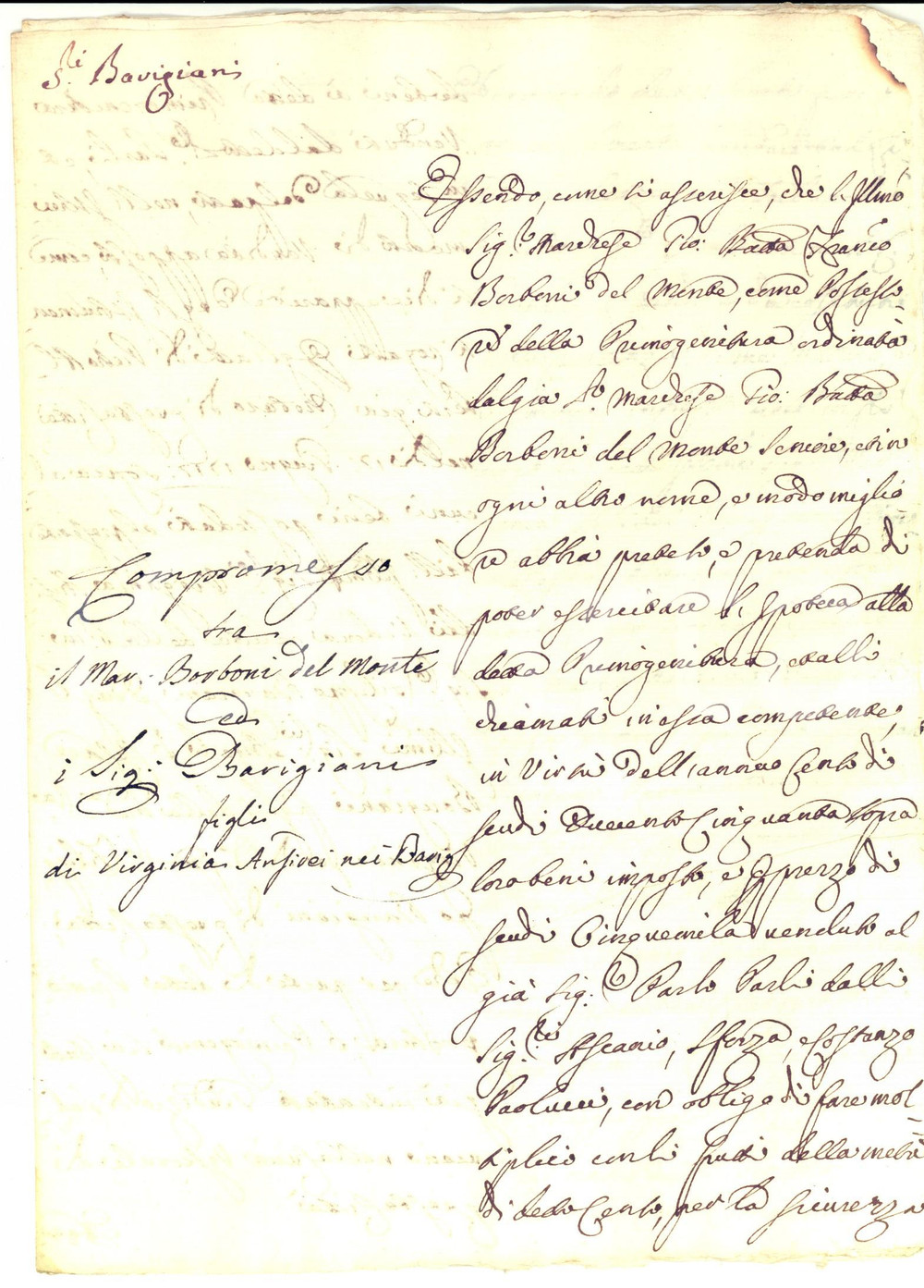 Documento originale, autentico 1720 ca PERUGIA Compromesso BOURBON DEL MONTE  BARIGIANI su primogenitura 1