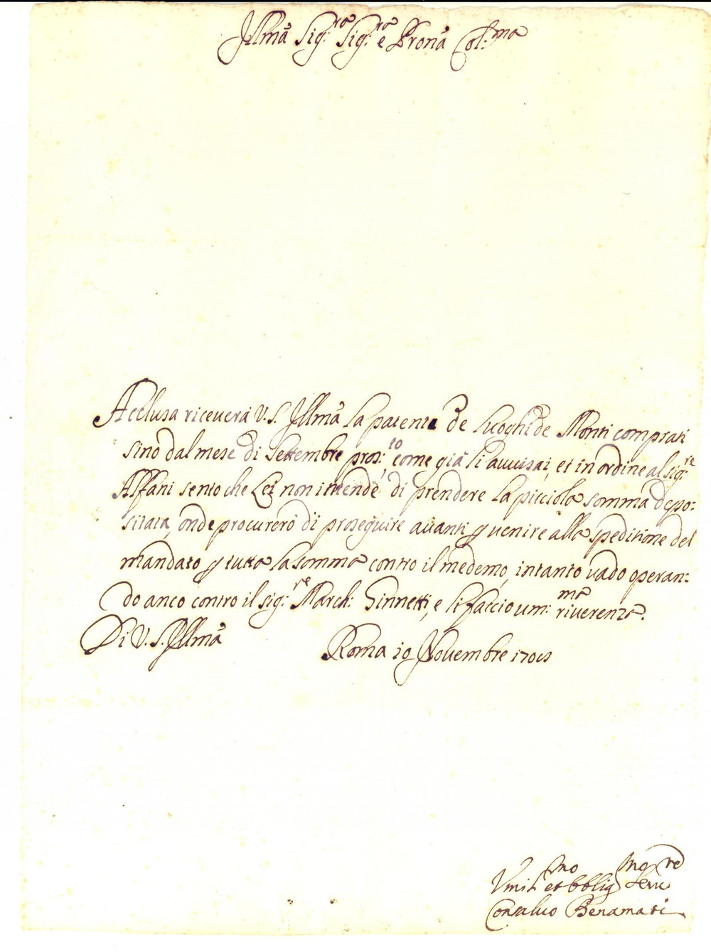 Documento originale, autentico 1708 ROMA Consalvo BENAMATI sul deposito di una piccola somma Lettera 1