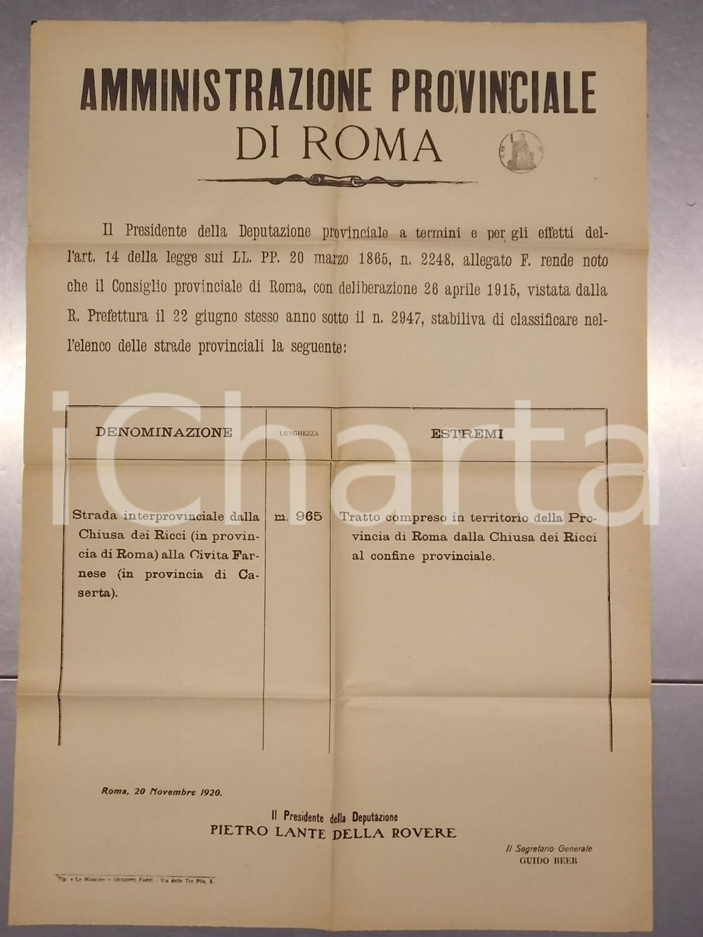 Documento originale, autentico 1920 ROMA Classificazione della strada CHIUSA DEI RICCI Manifesto 50x70 cm 1