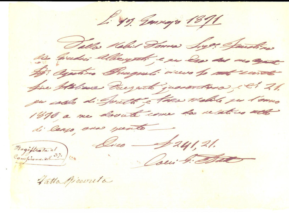 Documento originale, autentico 1871 AREZZO Censi dovuti da Faustina ALBERGOTTI DE GIUDICI Ricevuta 1