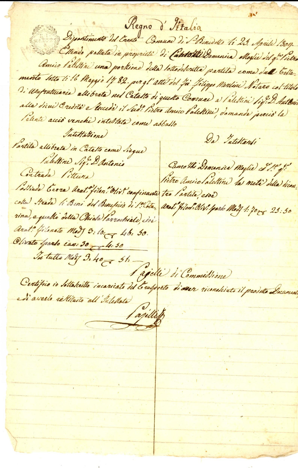 Documento originale, autentico 1809 SAN BENEDETTO DEL TRONTO AP Beni fondiari di Domenica CAMOZZI 1