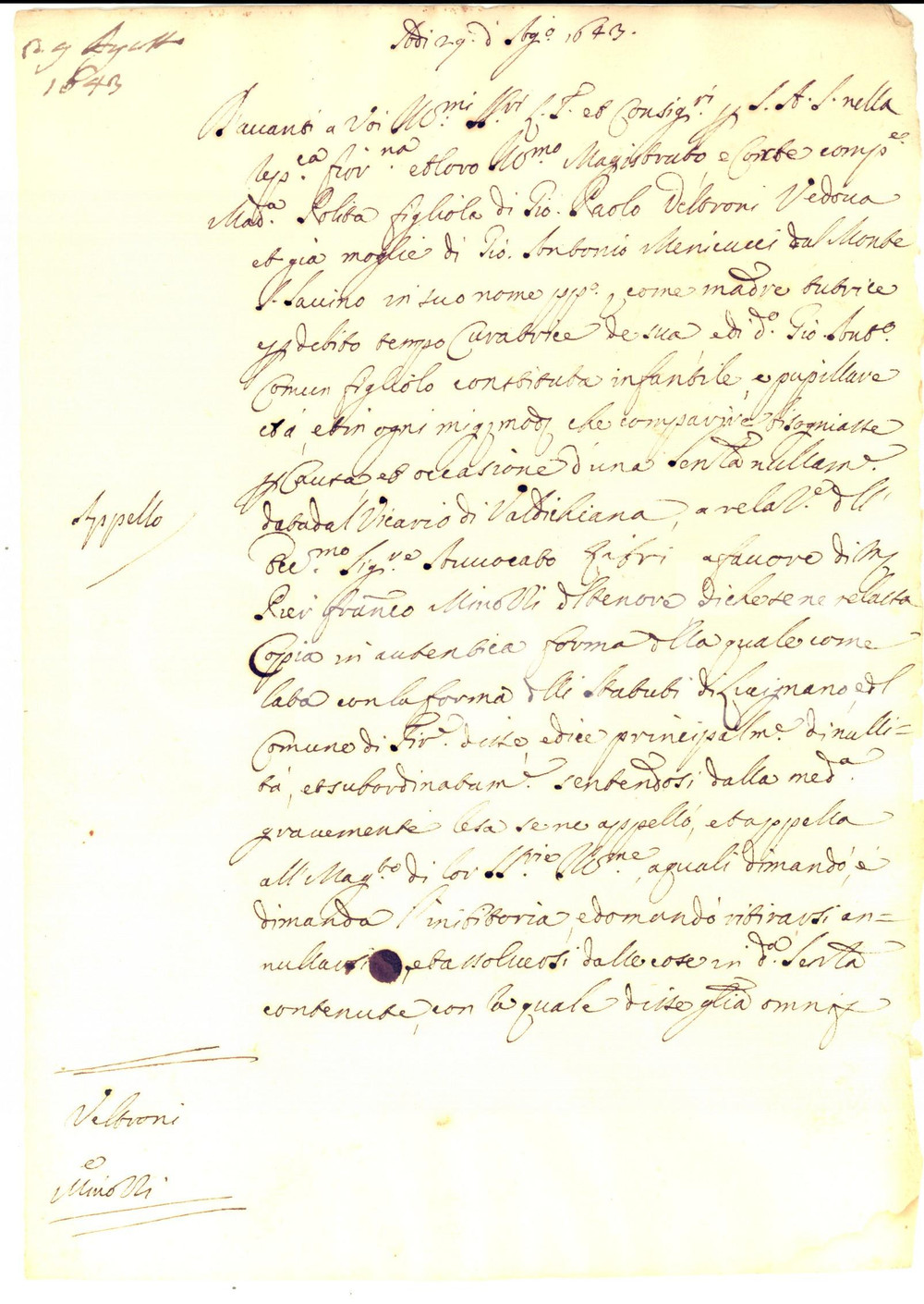 Documento originale, autentico 1643 AREZZO Appello di donna Ippolita VELTRONI tutrice del figlio minorenne 1