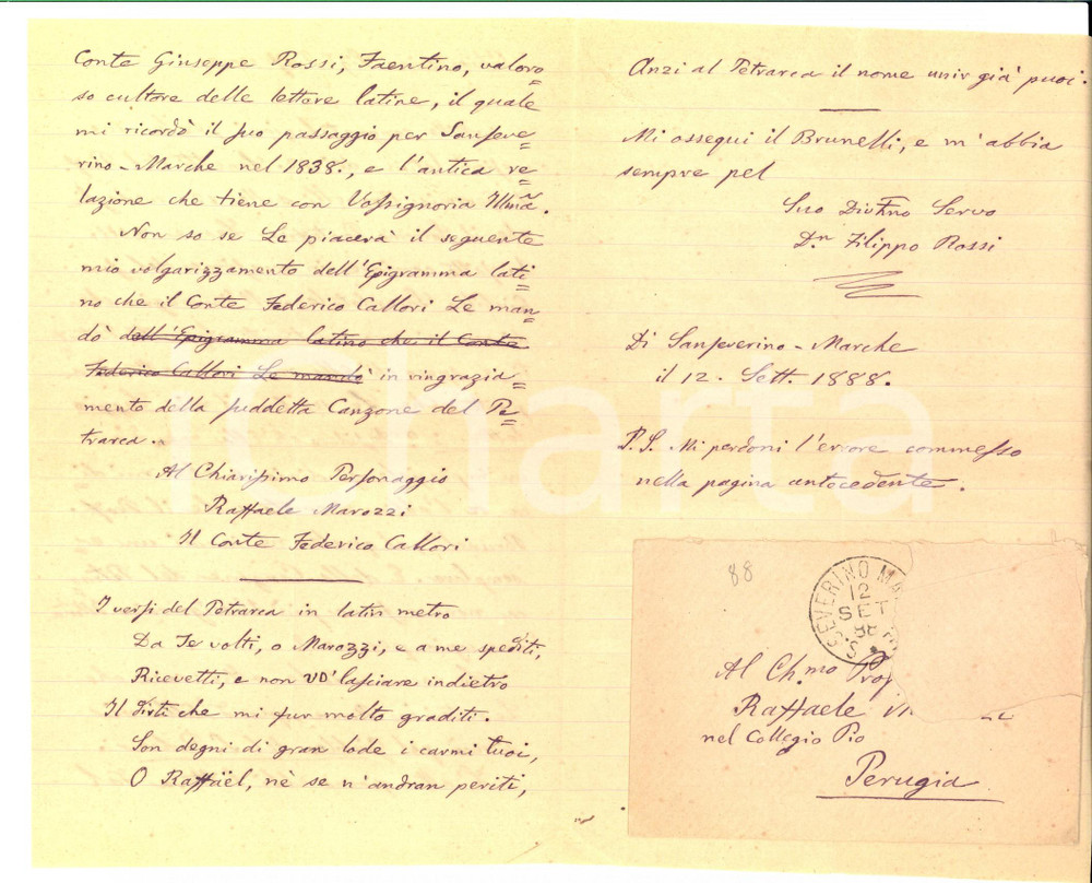Manoscritto, lettera originale 1888 SAN SEVERINO MARCHE MC Don Filippo ROSSI al prof. Raffaele MAROZZI 1