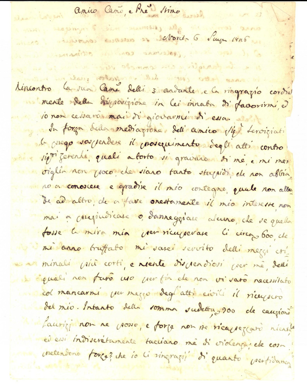 Manoscritto, lettera originale 1826 NORCIA PG Angelo PELLEGRINI rifiuta la violenza per riavere denaro rubato 1