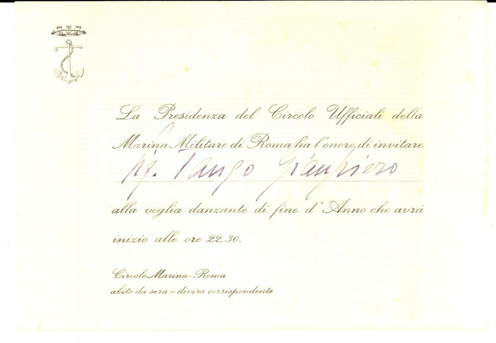 Oggetto da collezione cartaceo 1950 ca ROMA Circolo Ufficiali della Marina Militare Invito veglione Capodanno 1