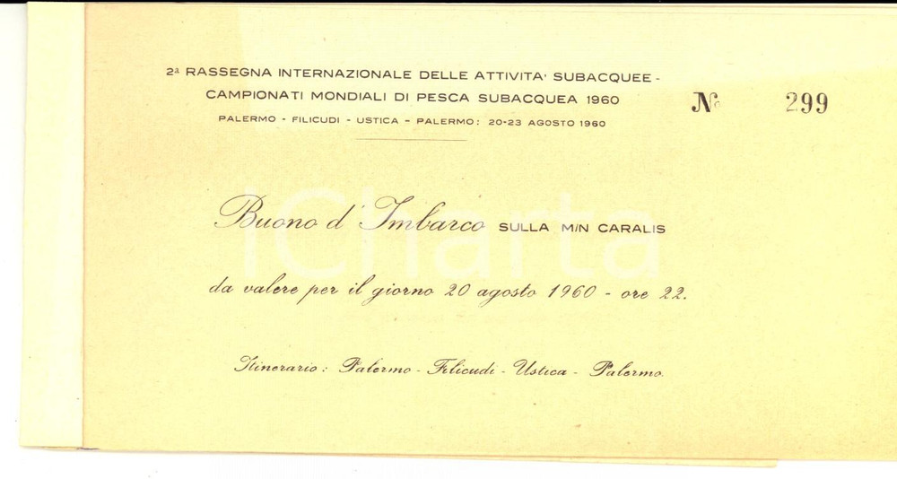Materiale pubblicitario d’epoca 1960 PALERMO Mondiali PESCA SUBACQUEA Libretto 14 buoni imbarco motonave CARALIS 1