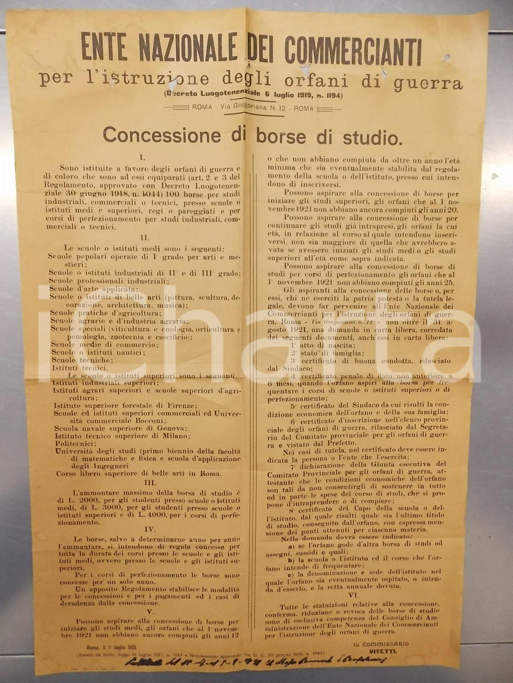Documento originale, autentico 1921 ROMA Ente Nazionale Commercianti  Borse di studio per orfani di guerra 1