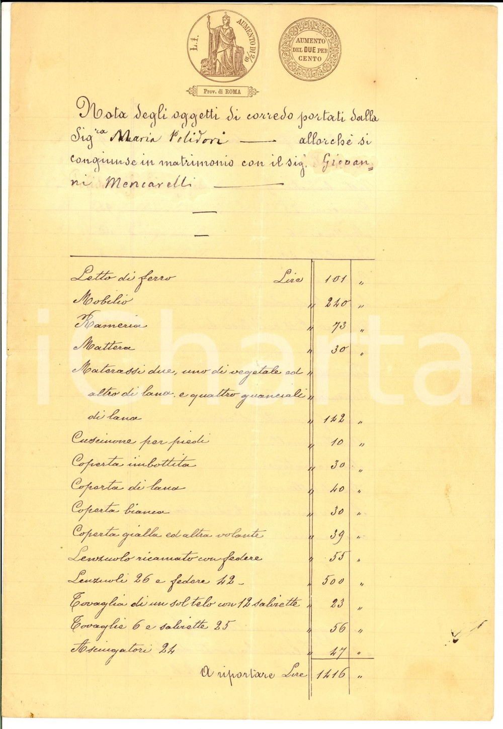 Documento originale, autentico 1907 VETRALLA VT Corredo di Maria POLIDORI per nozze con Giovanni MENCARELLI 1