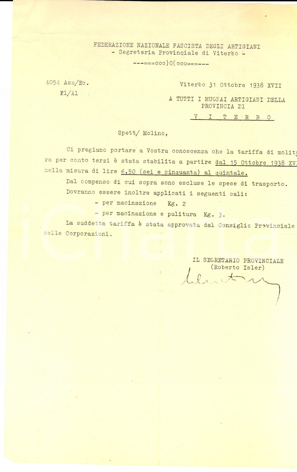 Documento originale, autentico 1938 VITERBO Nuove tariffe di molitura per mugnai artigiani DANNEGGIATO 1