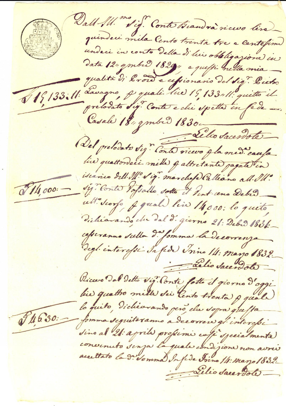 Documento originale, autentico 1832 TRINO VC Versamenti conte BIANDRA  DI REAGLIE al sacerdote GILIO 1