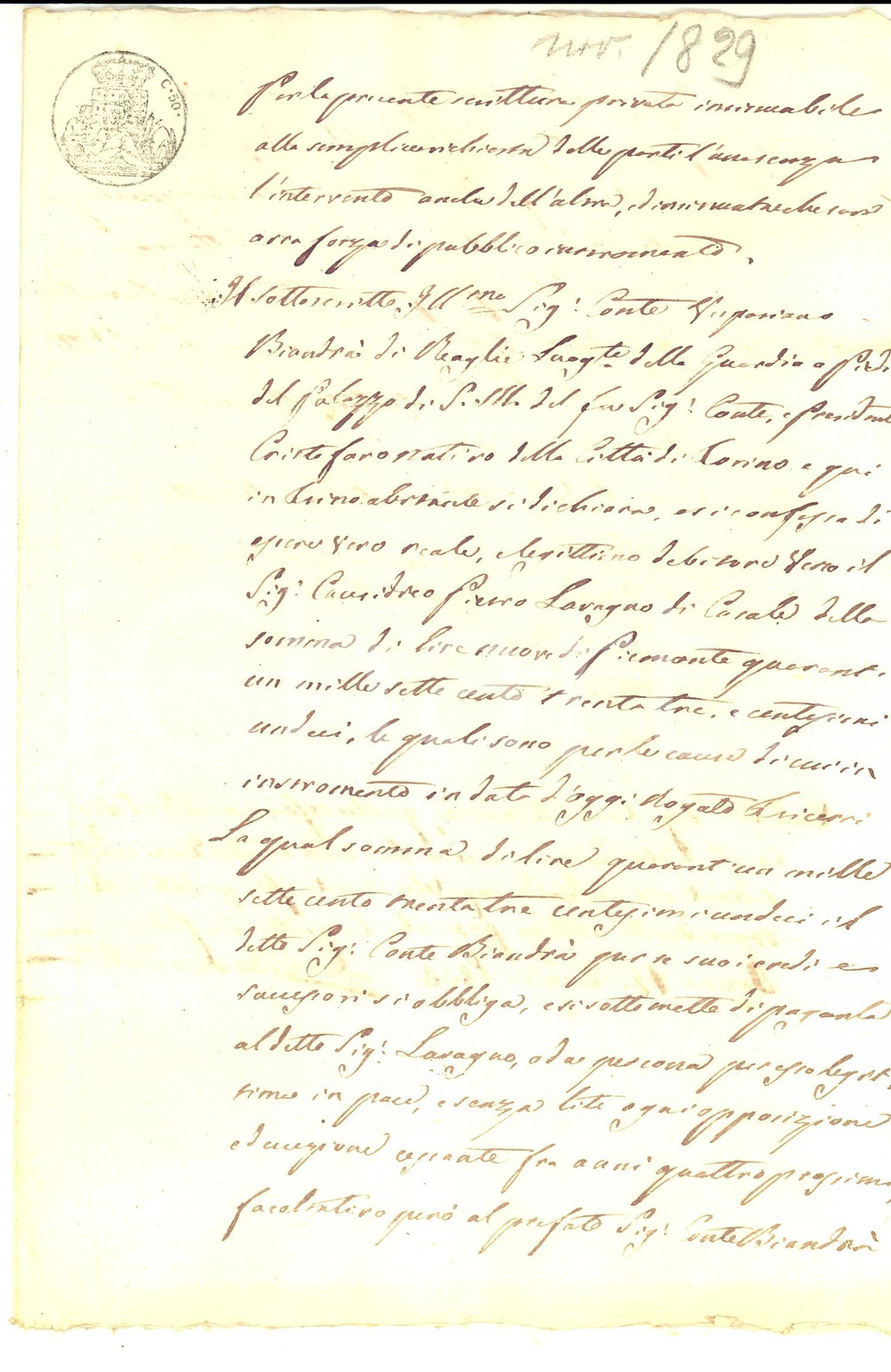 Documento originale, autentico 1829 TRINO VC Debito conte Vespasiano BIANDRA  DI REAGLIE verso Pietro LAVAGNO 1