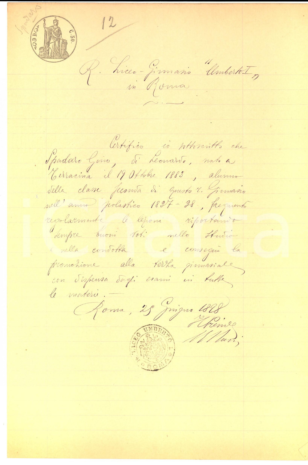 Documento originale, autentico 1898 ROMA Regio Ginnasio UMBERTO I  Attestato di frequenza Gino SPADARO 1