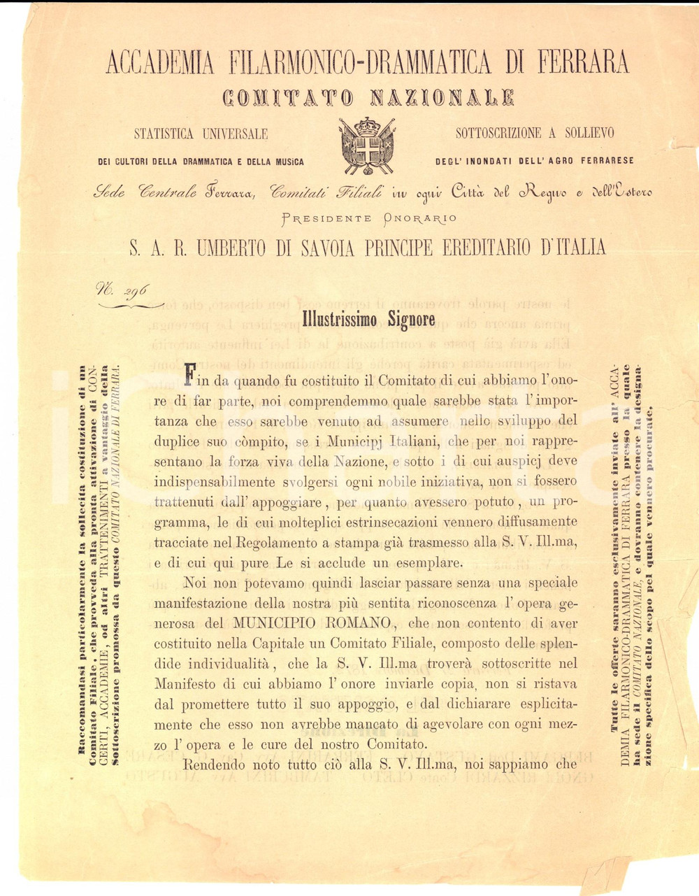 Documento originale, autentico 1872 FERRARA Accademia FILARMONICODRAMMATICA pro inondati DANNEGGIATO 1