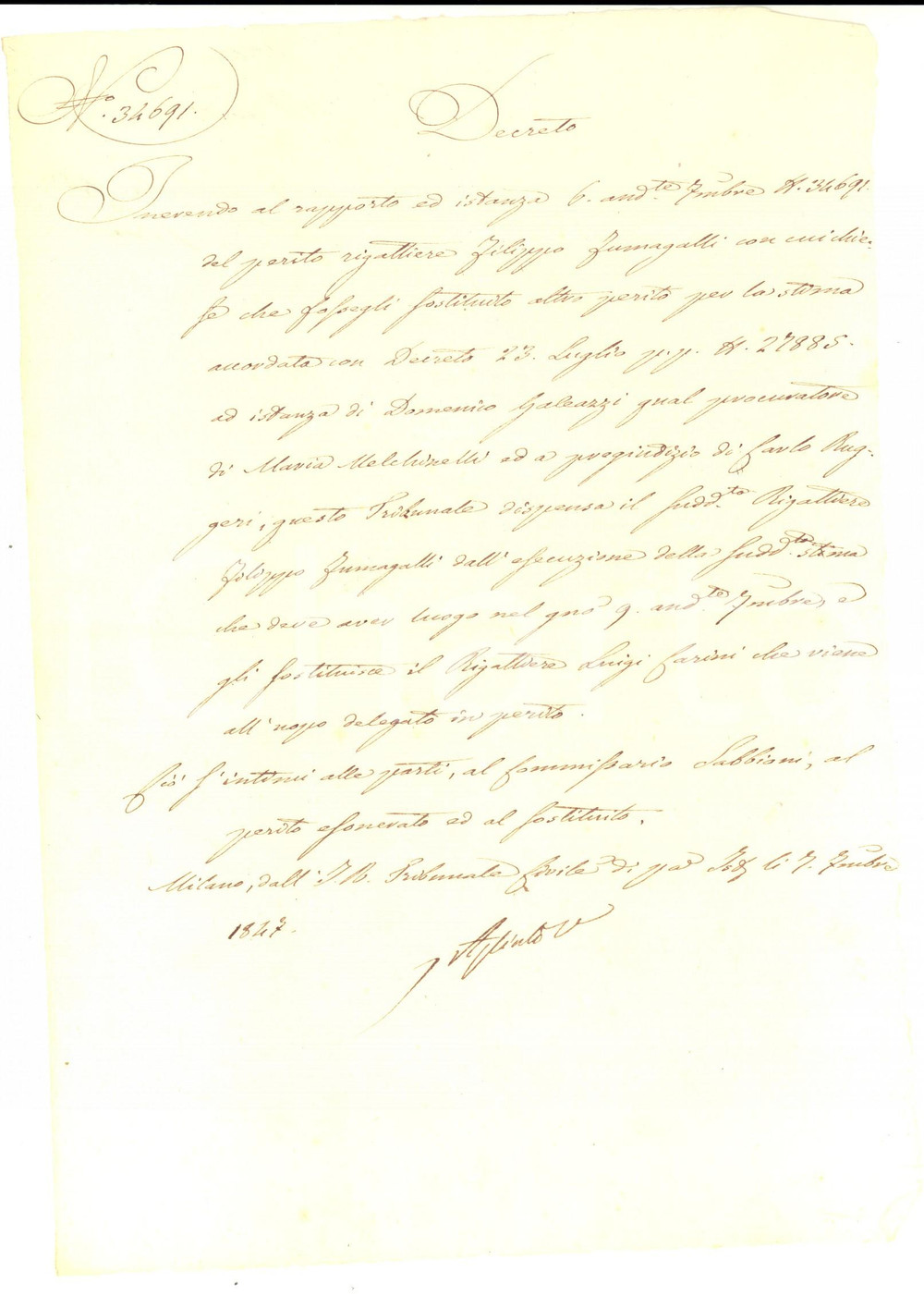 Documento originale, autentico 1847 MILANO Rigattiere Filippo FUMAGALLI dispensato da una stima Manoscritto 1