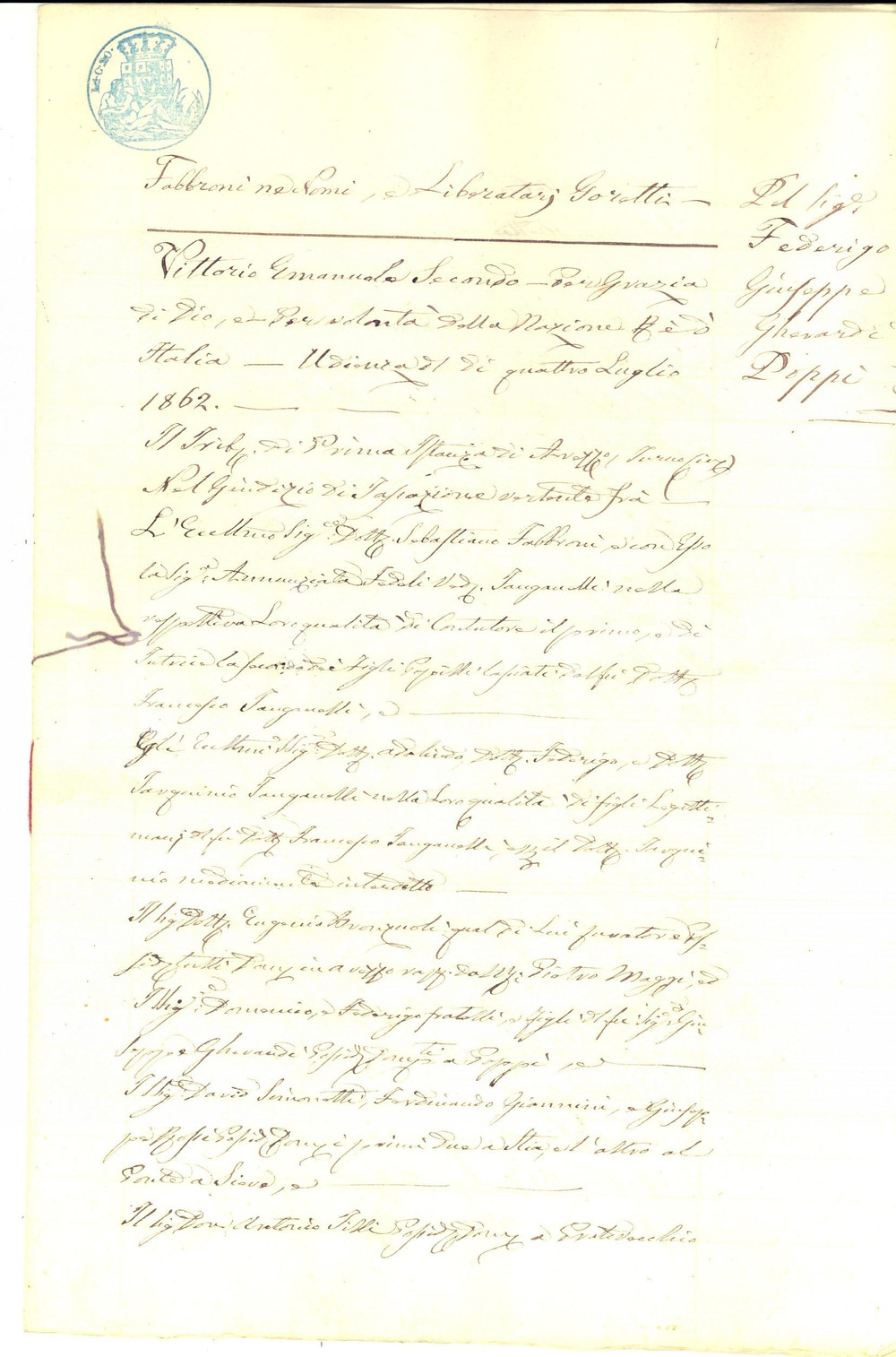 Documento originale, autentico 1862 POPPI AR Sentenza a favore di Federico e Domenico GHERARDI Manoscritto 1