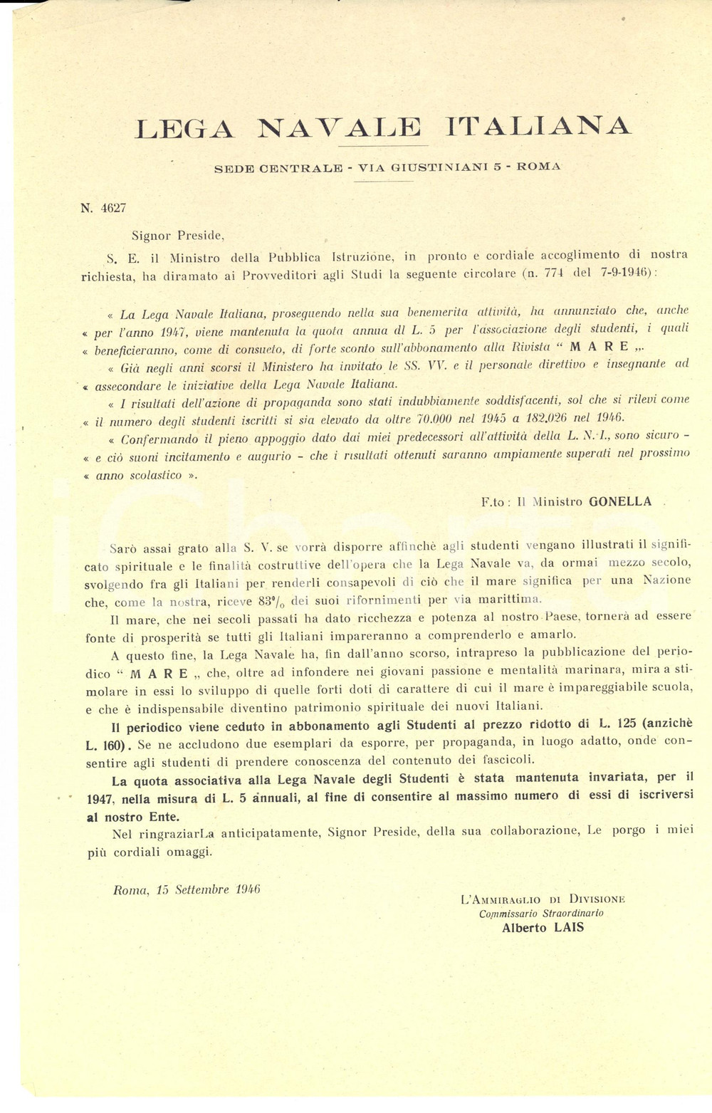 Materiale pubblicitario d’epoca 1946 ROMA LEGA NAVALE ITALIANA Abbonamento alla rivista per studenti Lettera 1