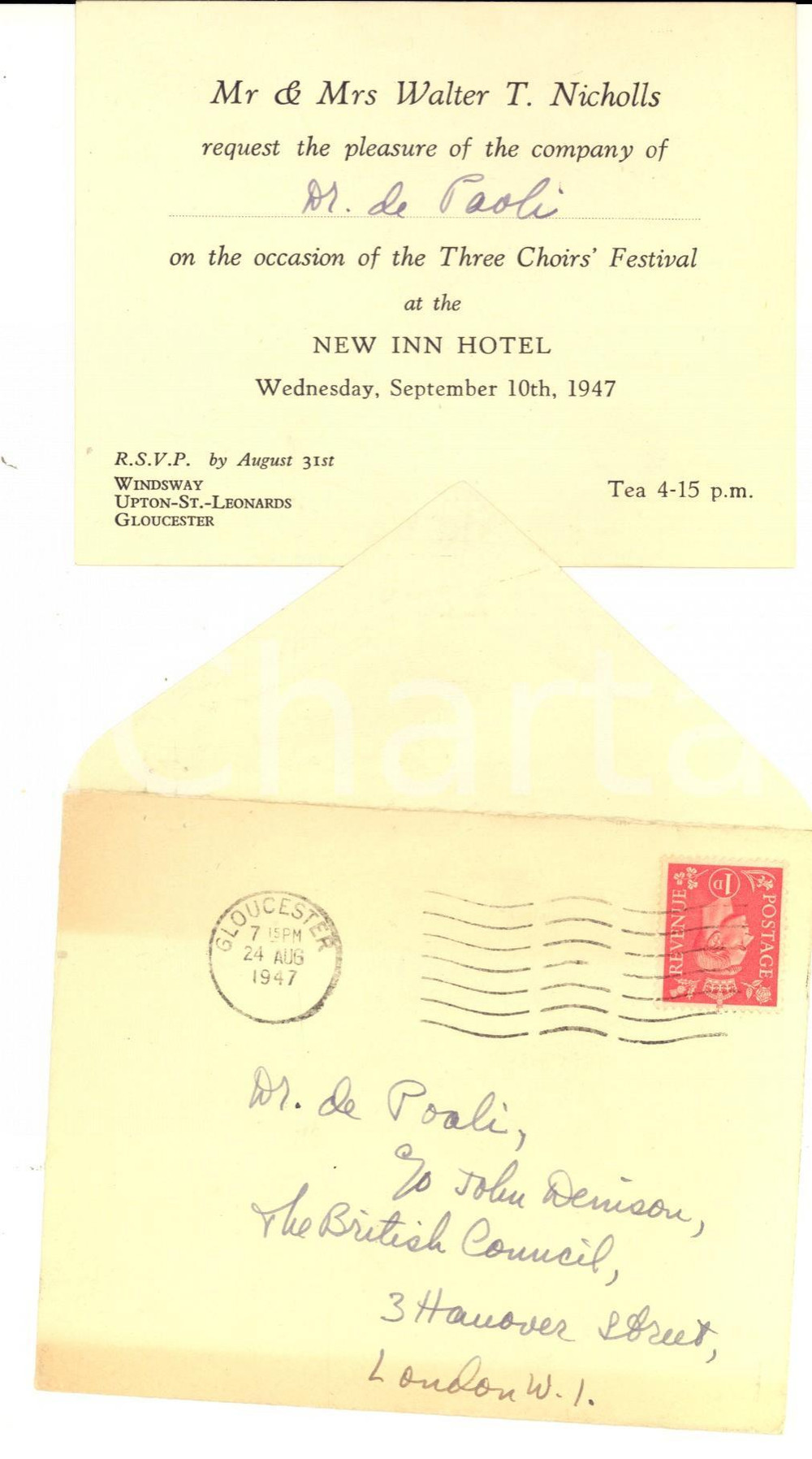 Oggetto da collezione cartaceo 1947 GLOUCESTER UK Invito Walter T. NICHOLLS al THREE CHOIR S FESTIVAL 1