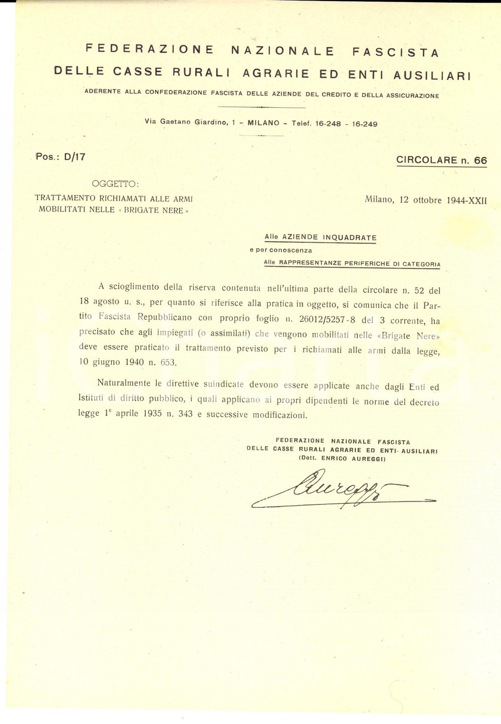 Documento originale, autentico 1944 RSI MILANO Trattamento richiamati alle armi mobilitati nelle BRIGATE NERE 1
