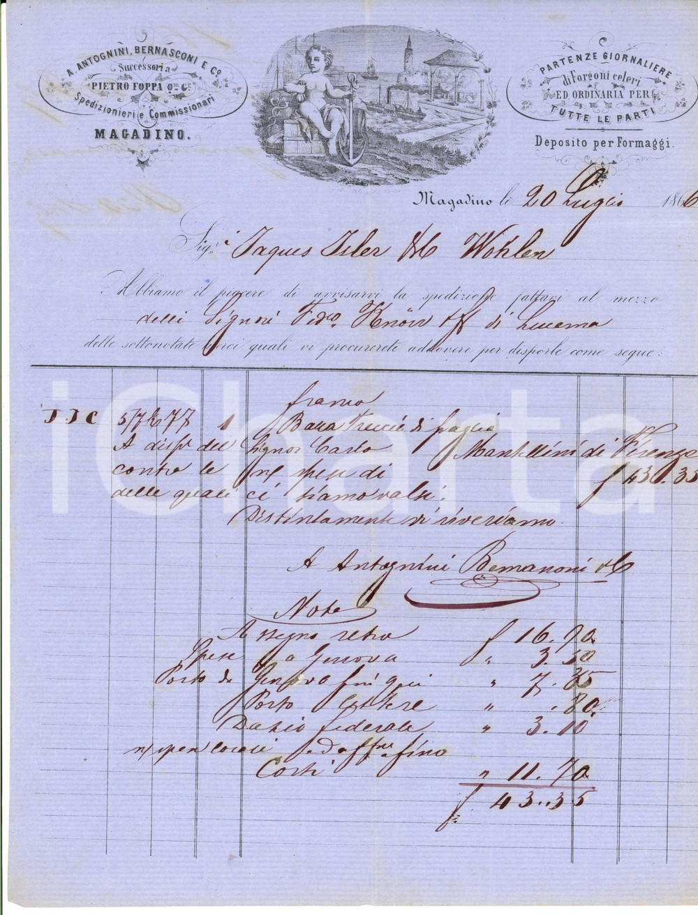 Oggetto da collezione cartaceo 1866 MAGADINO CH ANTOGNINI, BERNASCONI & CO. Spedizionieri e deposito formaggi 1