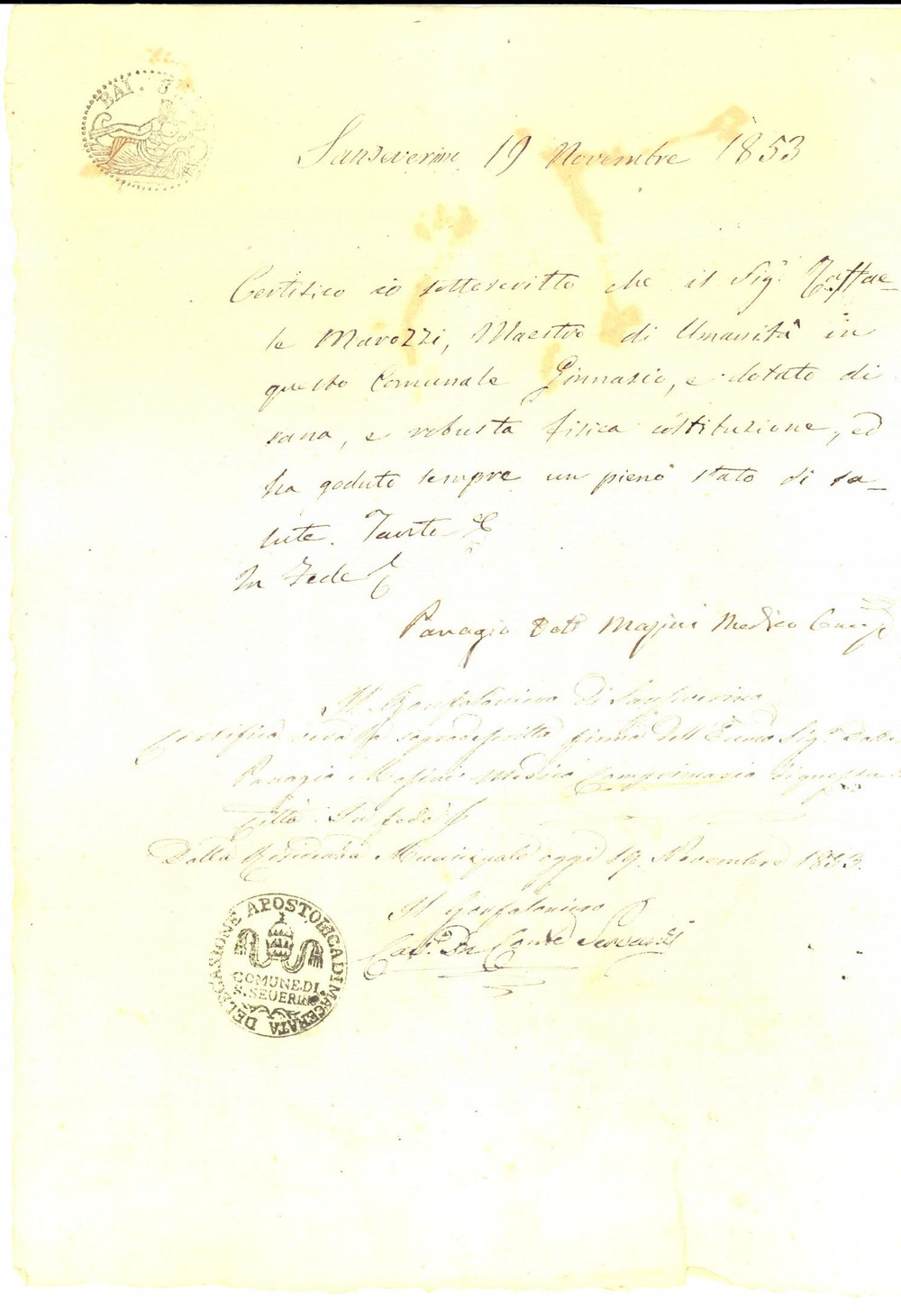 Documento originale, autentico 1853 SAN SEVERINO MARCHE MC Sana costituzione Raffaele MAROZZI Panagio MASINI 1