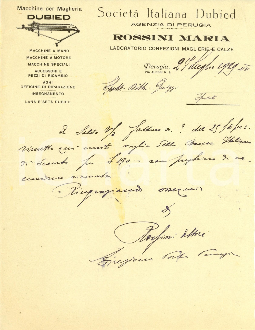 Documento originale, autentico 1929 PERUGIA SocietÃ  Italiana DUBIED  ROSSINI MARIA  Maglieria Fattura 1