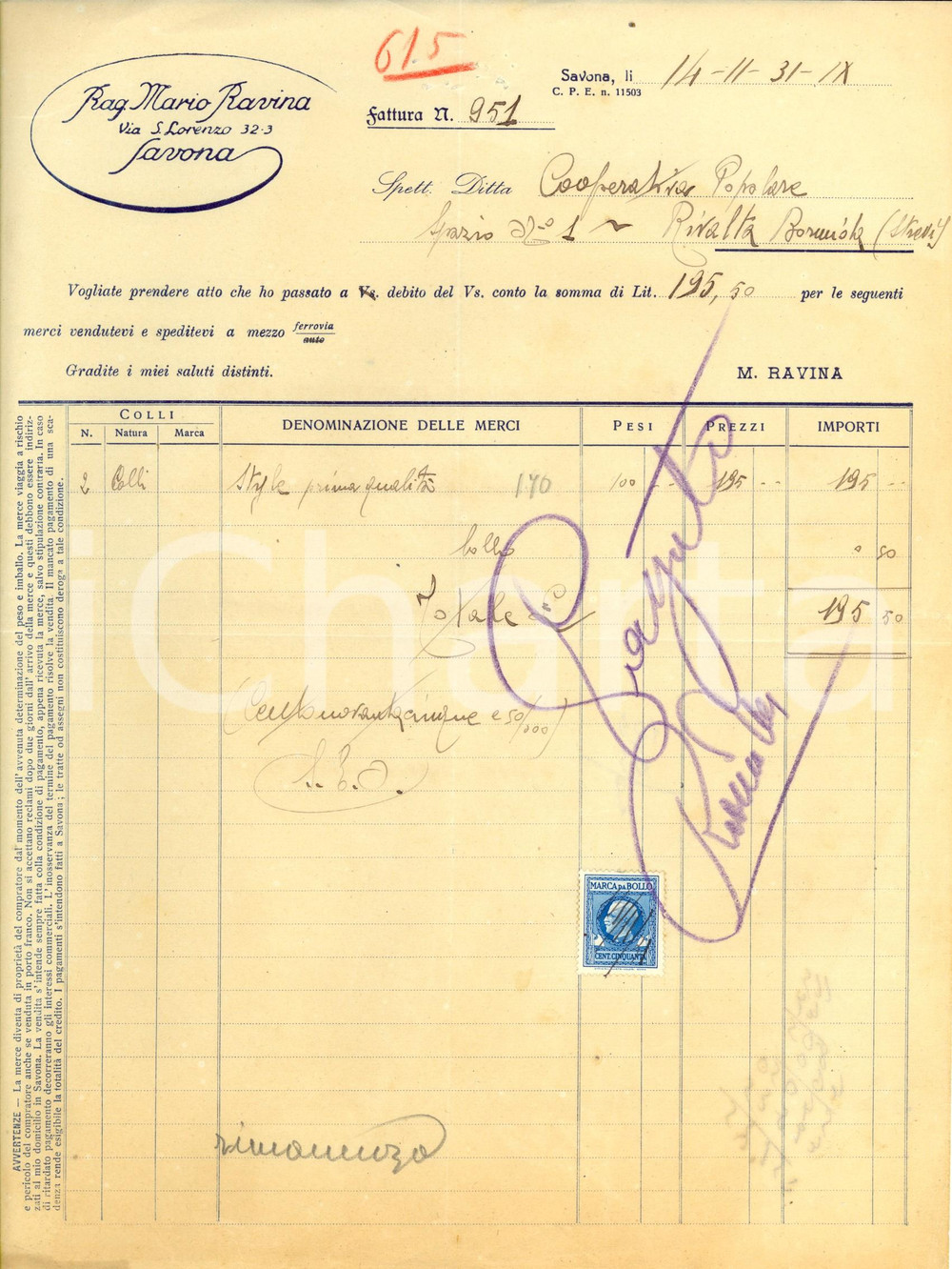 Documento originale, autentico 1931 SAVONA Ragioniere MARIO RAVINA Fattura intestata 1