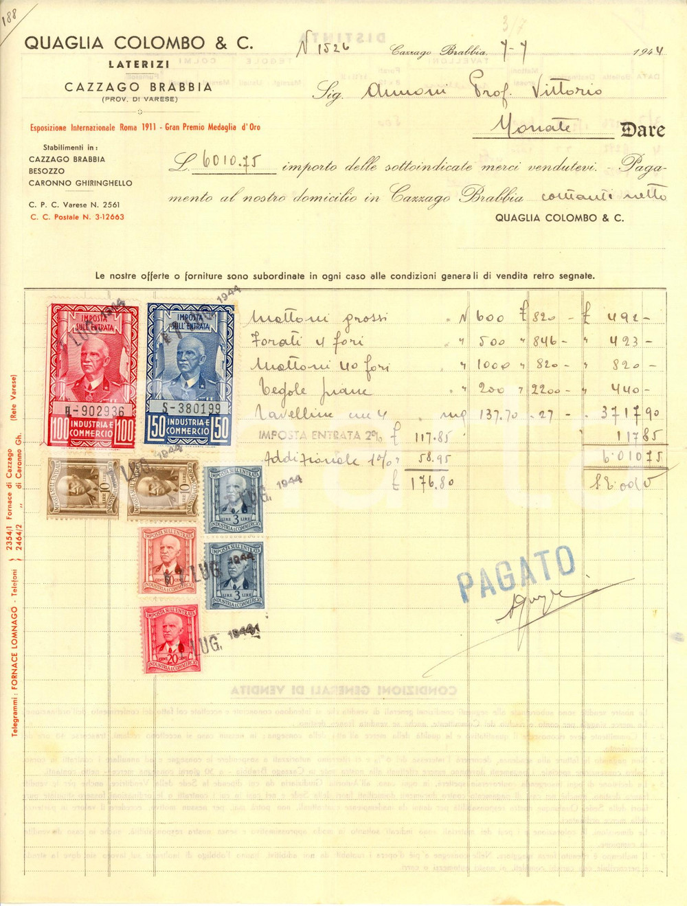 Documento originale, autentico 1944 CAZZAGO BRABBIA VA Laterizi QUAGLIA COLOMBO & C. Fattura intestata 1