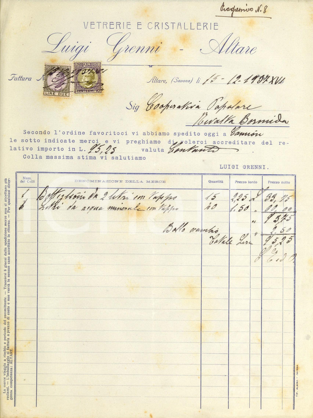 Documento originale, autentico 1937 ALTARE SV Luigi GRENNI  Vetrerie e cristallerie Fattura intestata 1