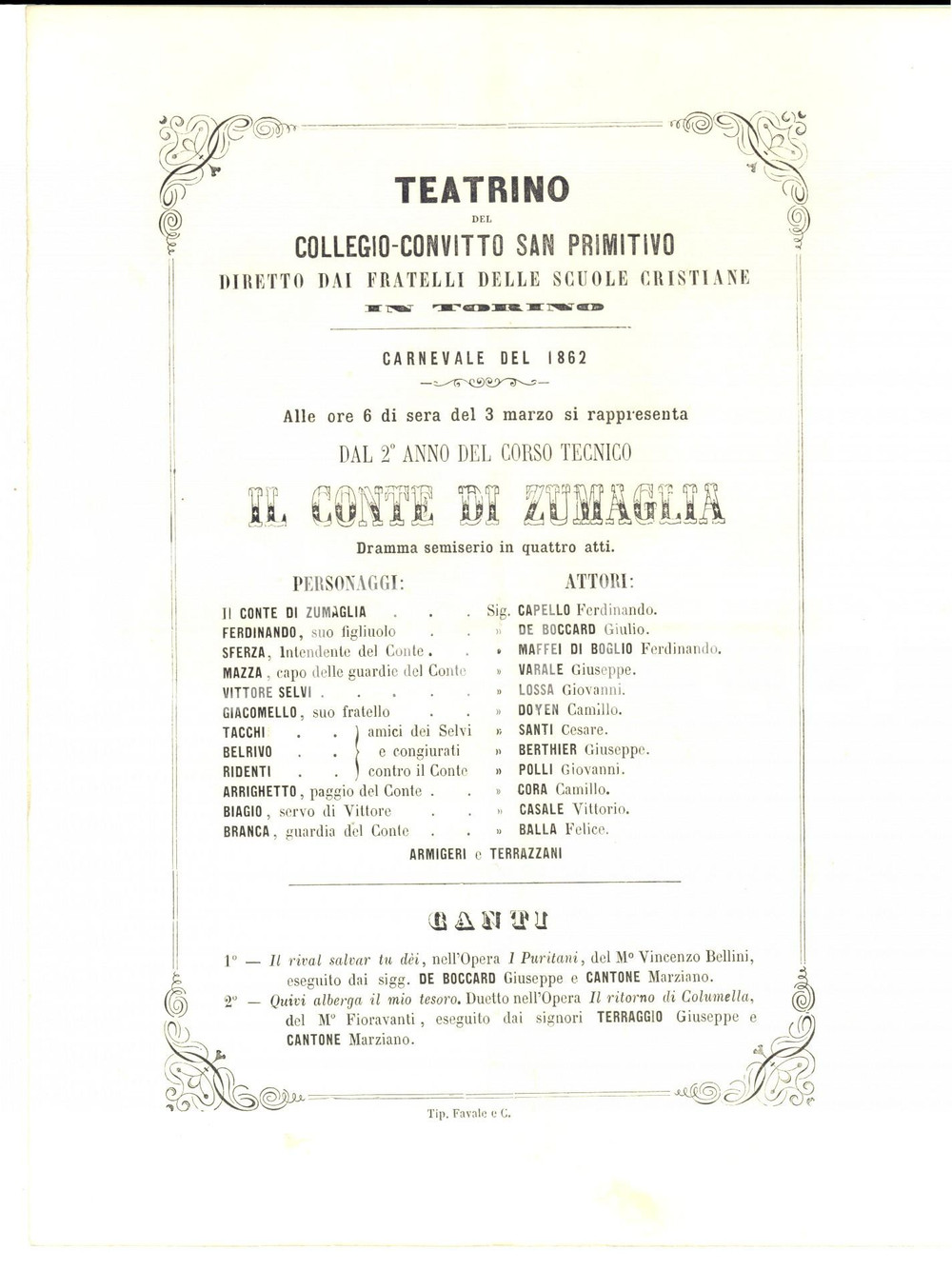 Materiale pubblicitario d’epoca 1862 TORINO Fratelli Scuole Cristiane Locandina CARNEVALE Il conte di Zumaglia 1