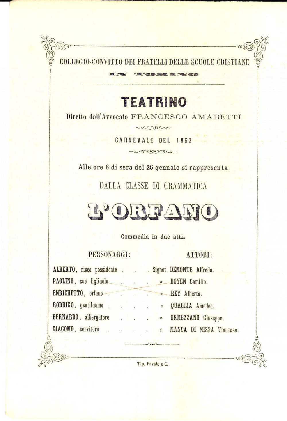 Materiale pubblicitario d’epoca 1862 TORINO Fratelli Scuole Cristiane Locandina CARNEVALE TEATRO L orfano 1