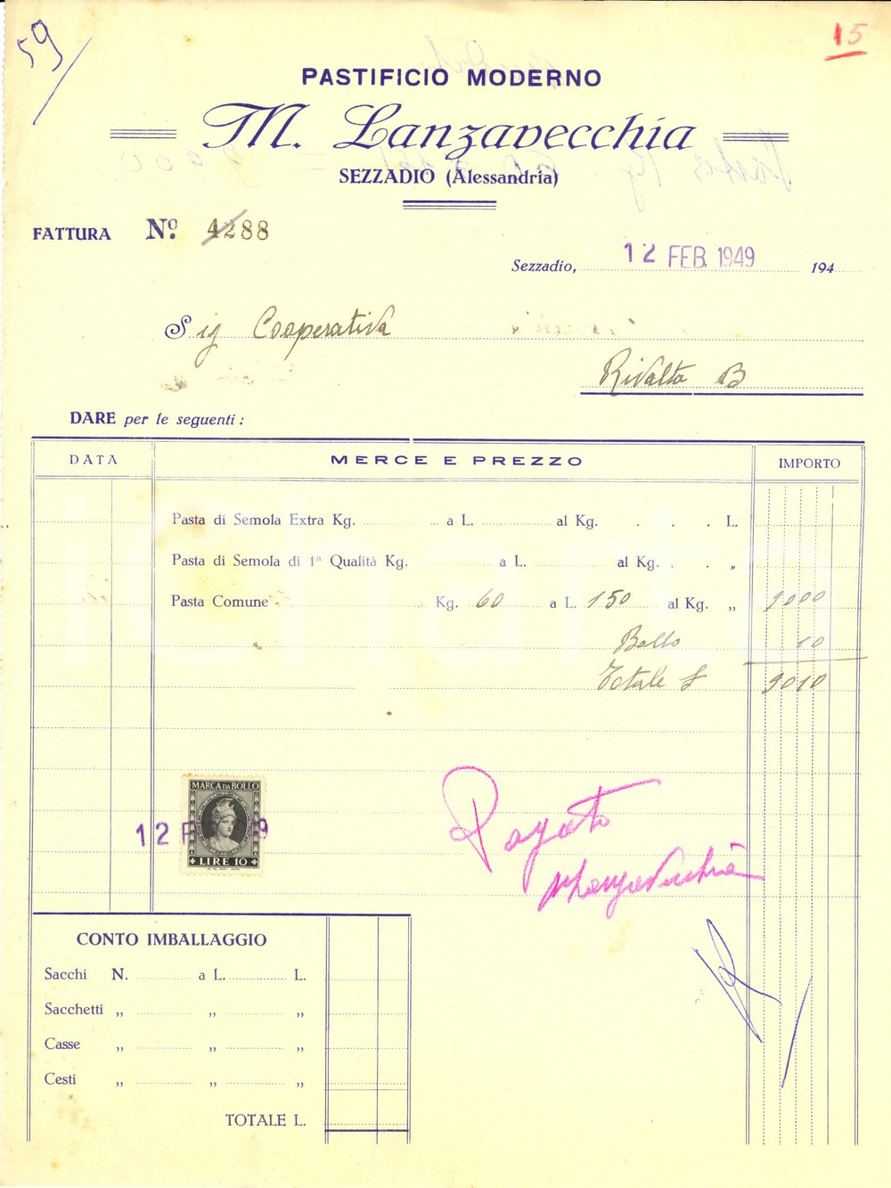Documento originale, autentico 1949 SEZZADIO AL Pastificio Moderno M. LANZAVECCHIA Fattura intestata 1